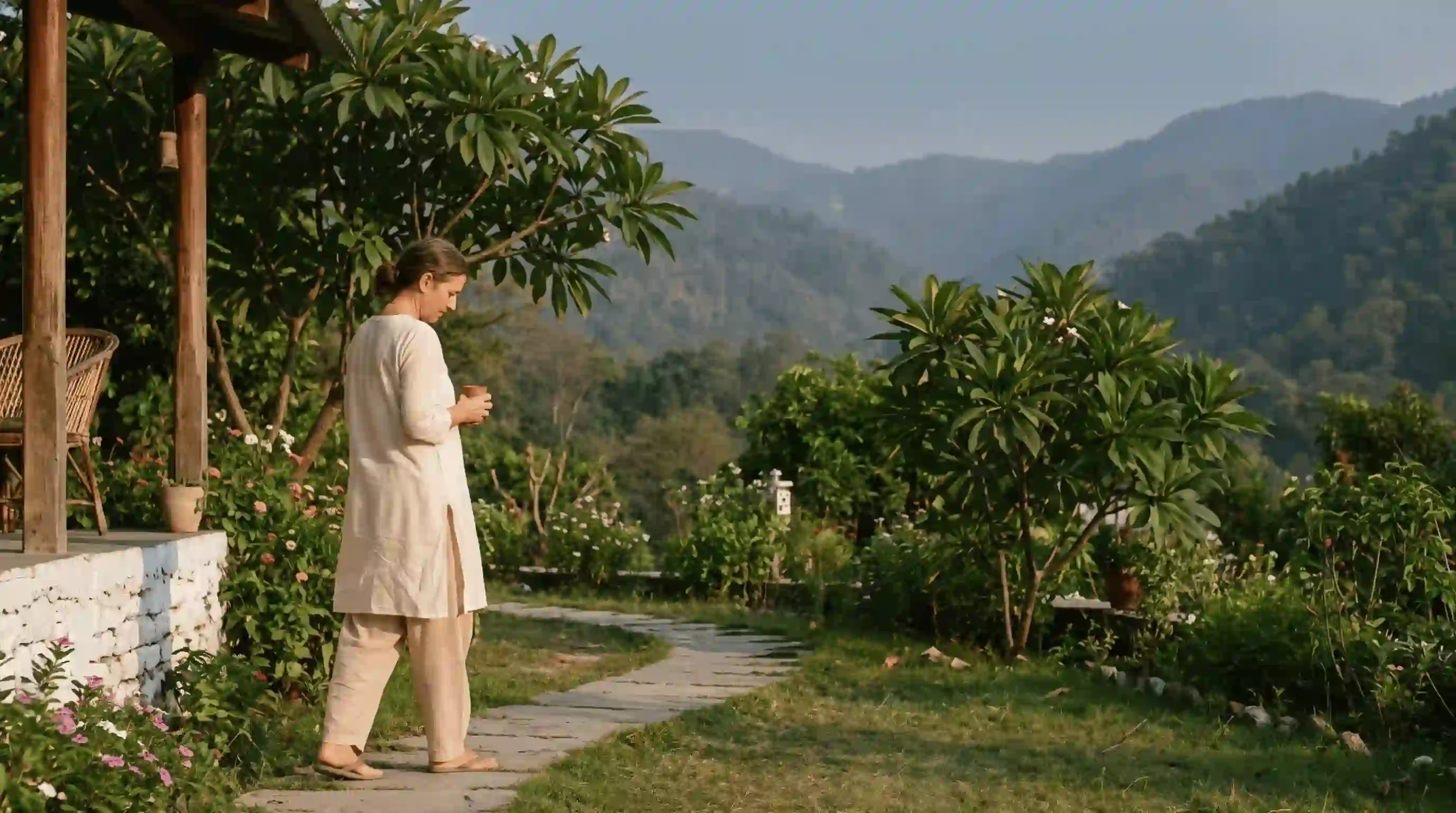 Guest integrating chakra energy balancing practice during a quiet retreat rhythm in Rishikesh