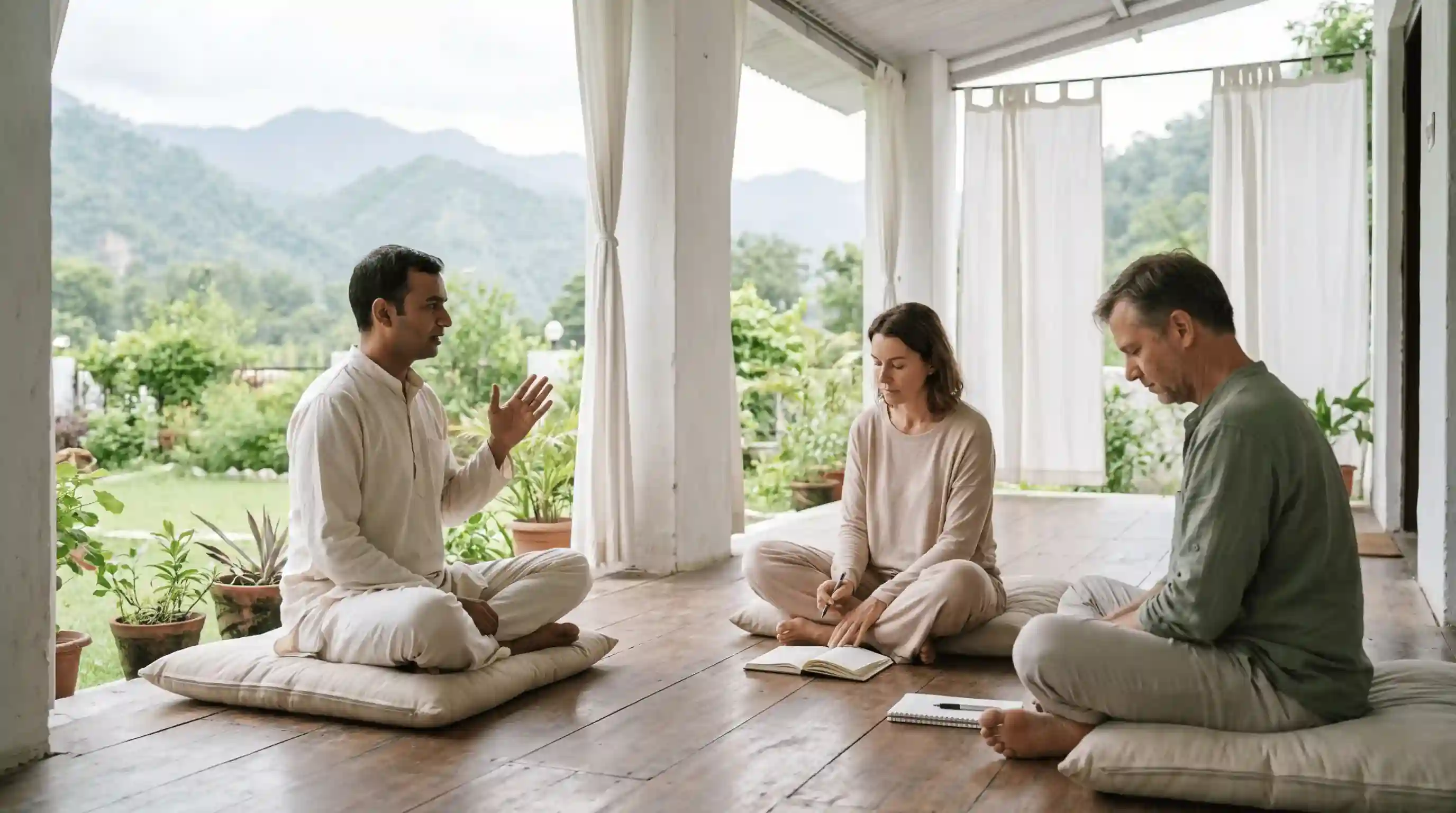 Guest in a chakra opening retreat in Rishikesh practicing guided meditation and reflective breathwork