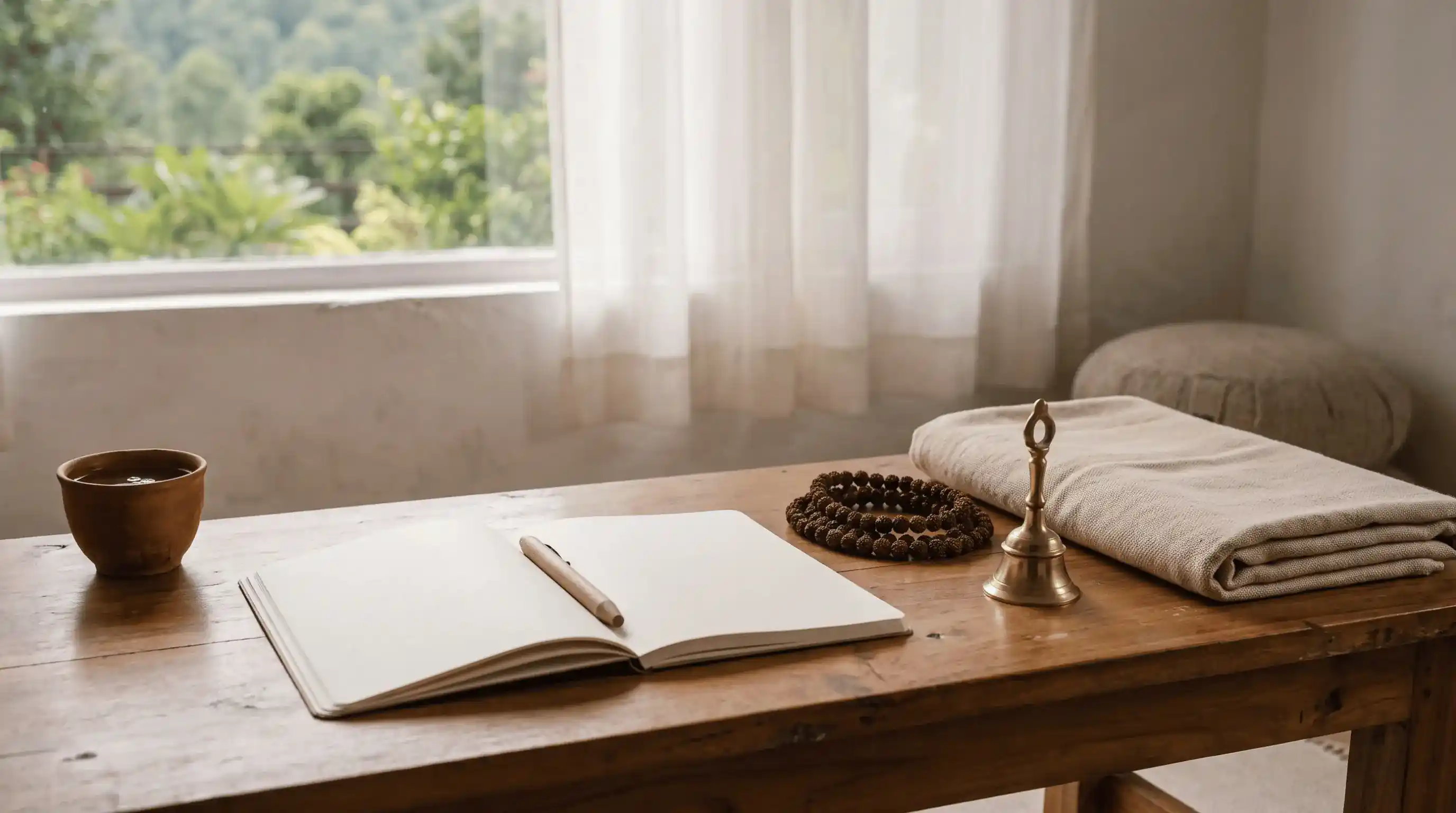 Journal and meditation props for chakra reflection and self-inquiry at Shreevan Wellness Rishikesh