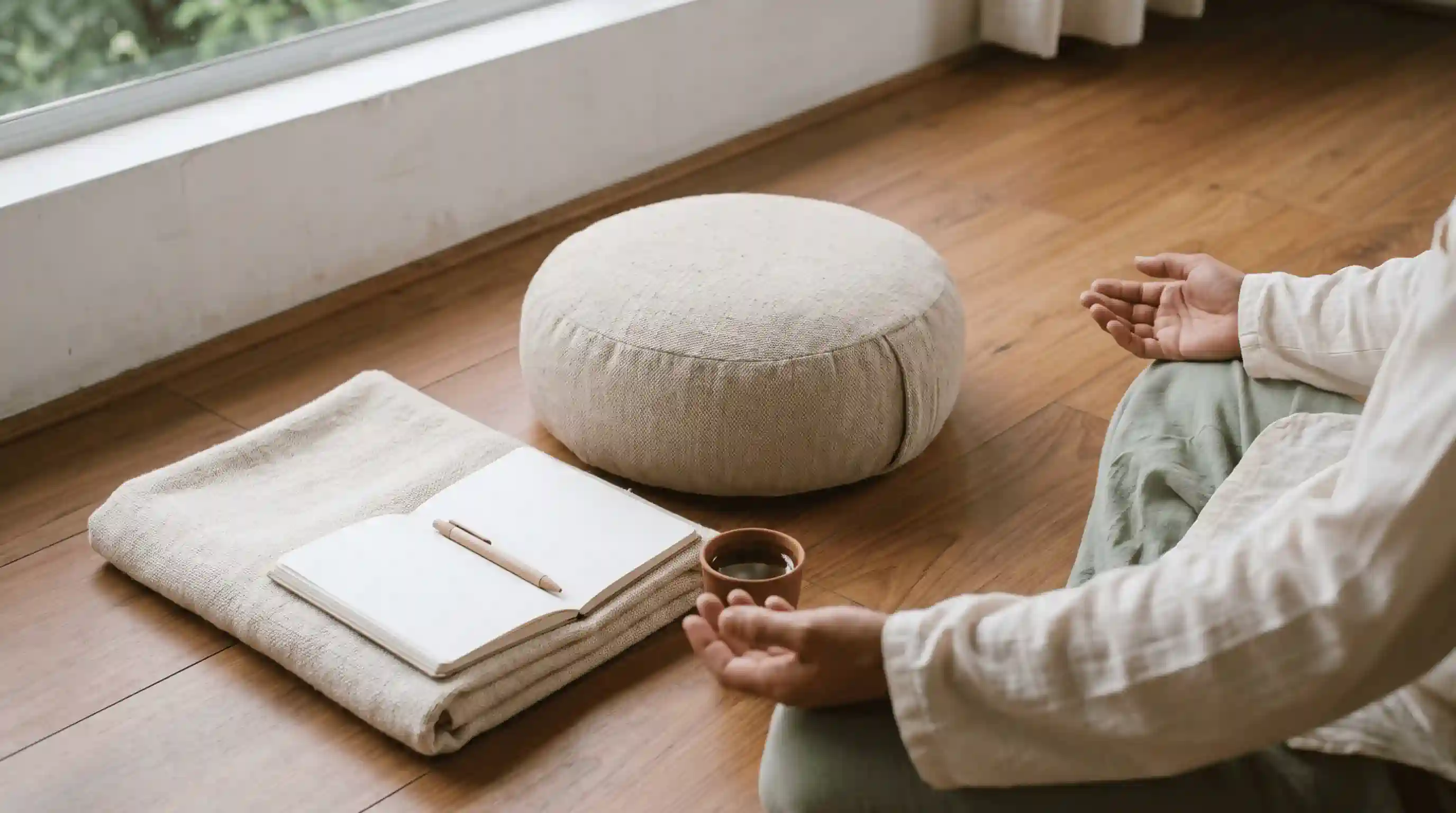 Guided meditation practice setup with cushion and journal in Rishikesh
