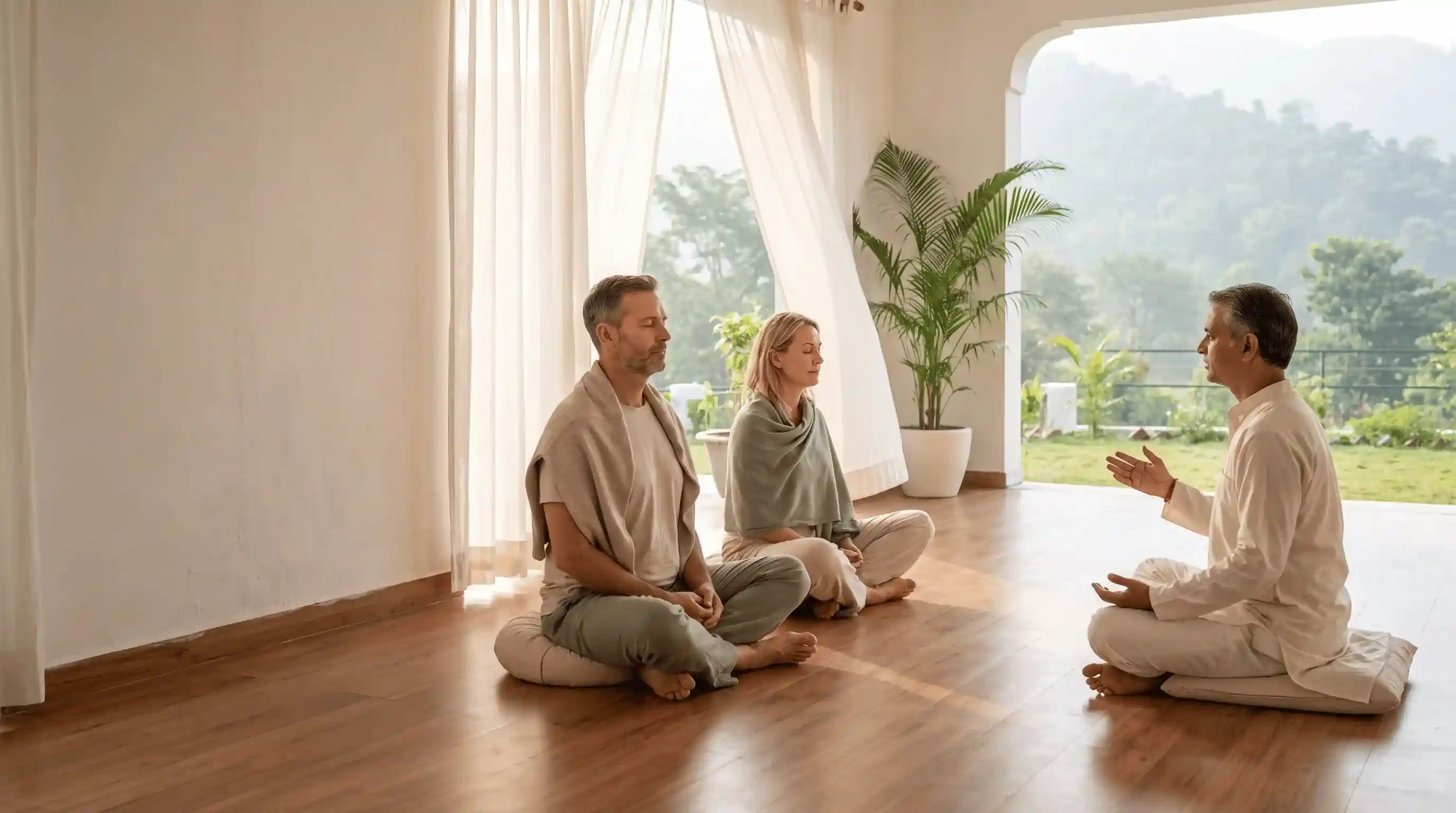 Guided meditation retreat in Rishikesh with facilitator-led seated practice