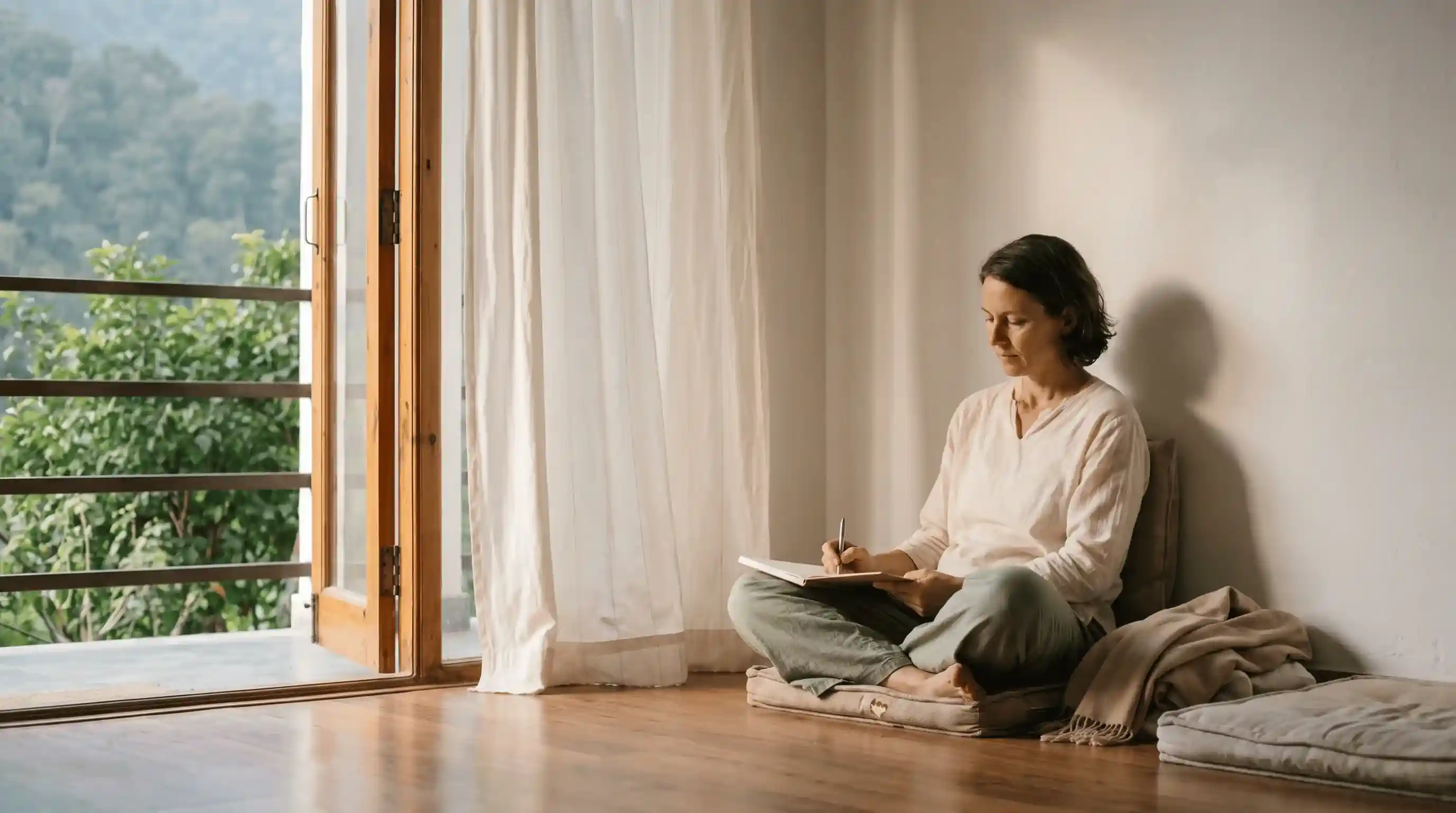 Guest journaling after guided meditation at a Rishikesh retreat