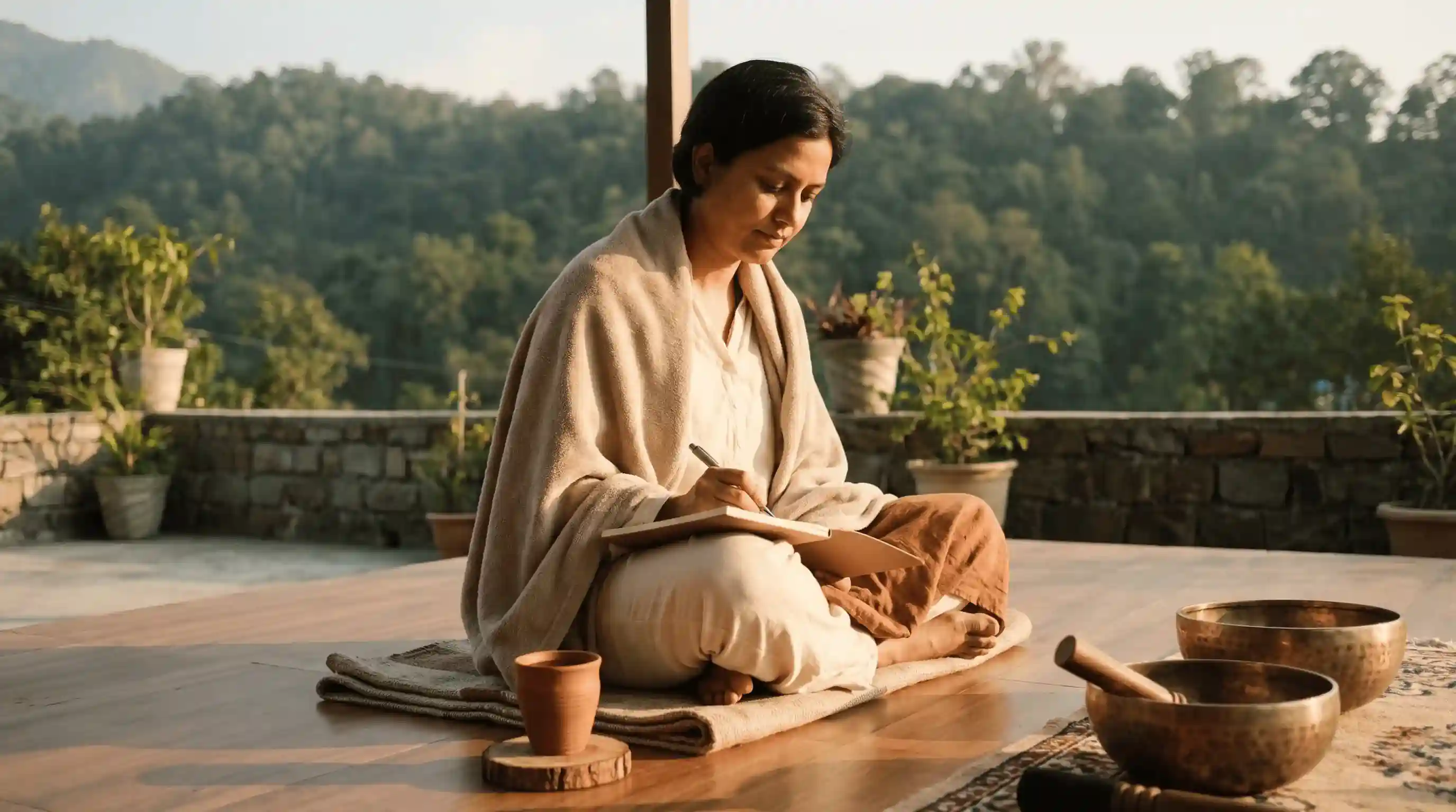 Guest reflecting after a sound bath during a wellness retreat in Rishikesh