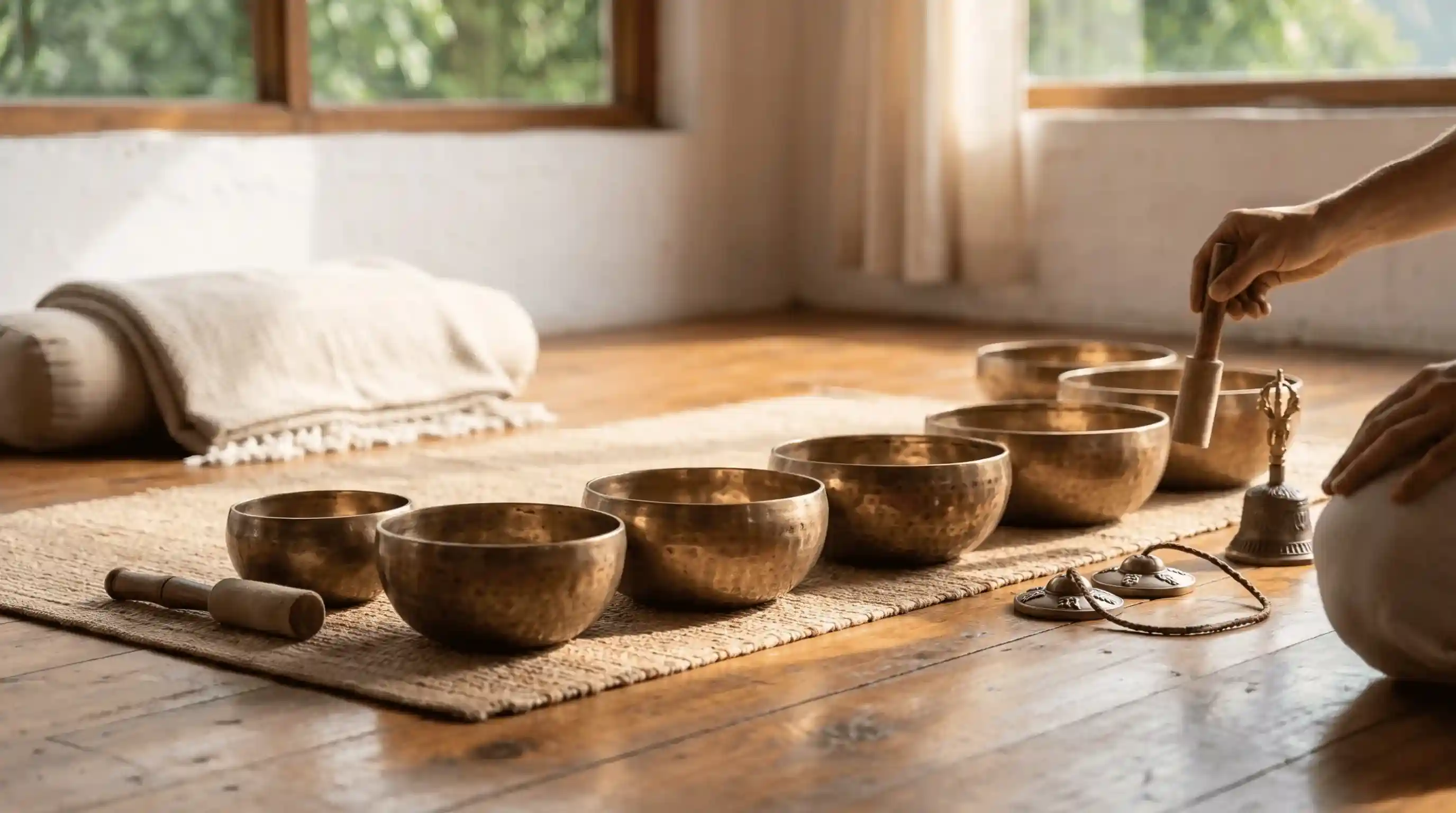 Tibetan singing bowls and sound bath instruments for sound healing in Rishikesh