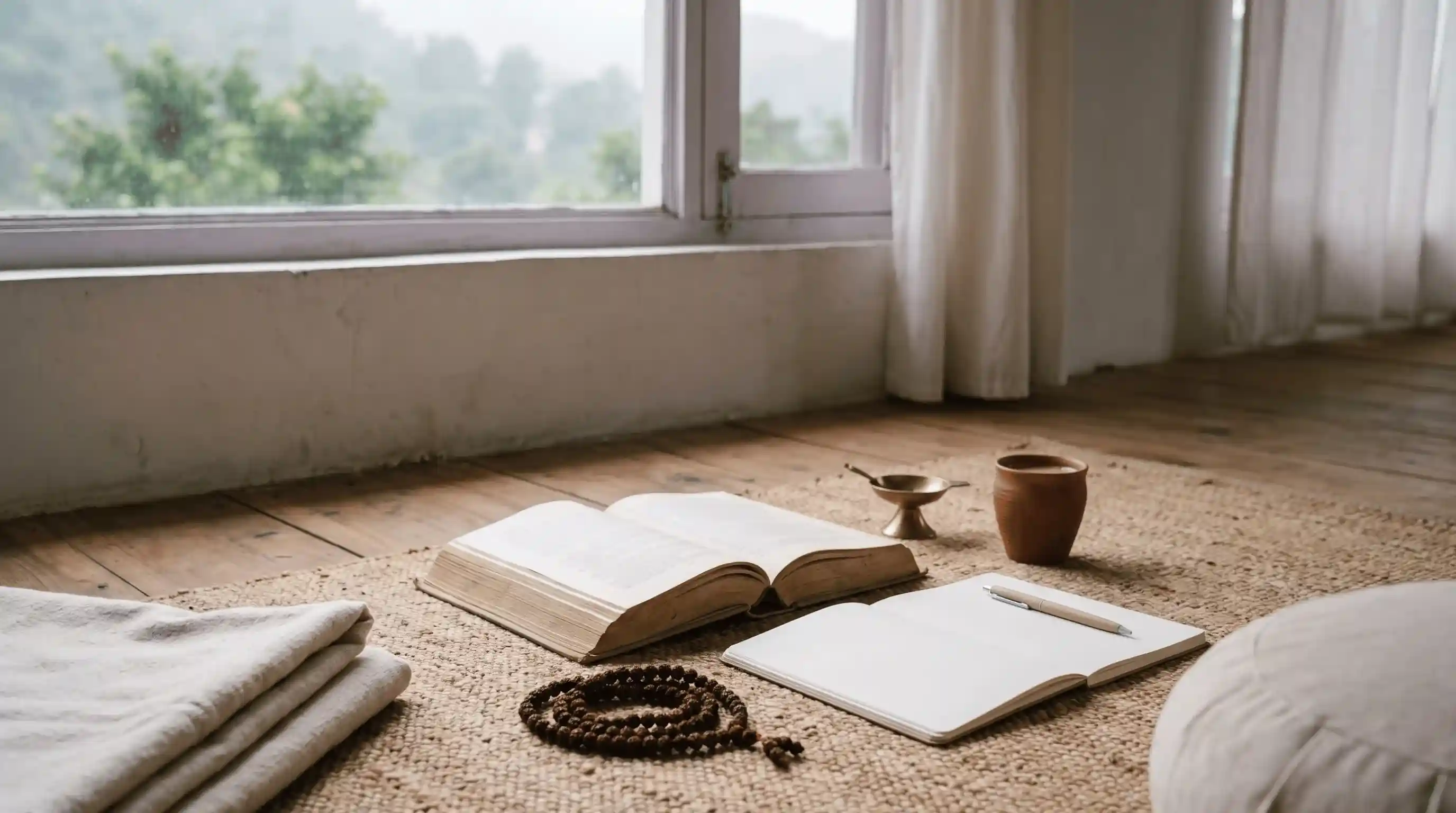 Yogic study and journaling setup for spiritual sadhana practice in Rishikesh
