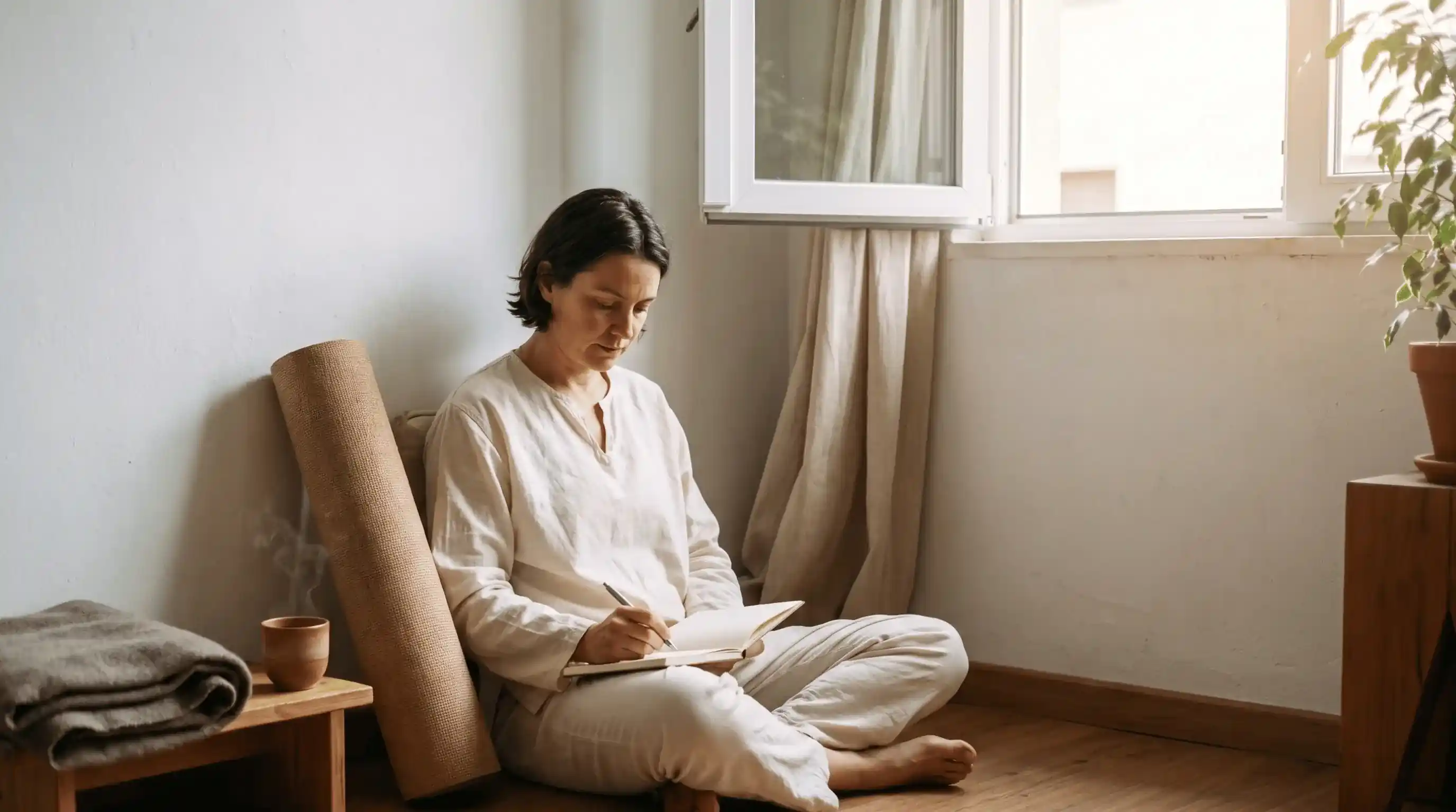 Guest journaling after yoga therapy practice at a Rishikesh retreat