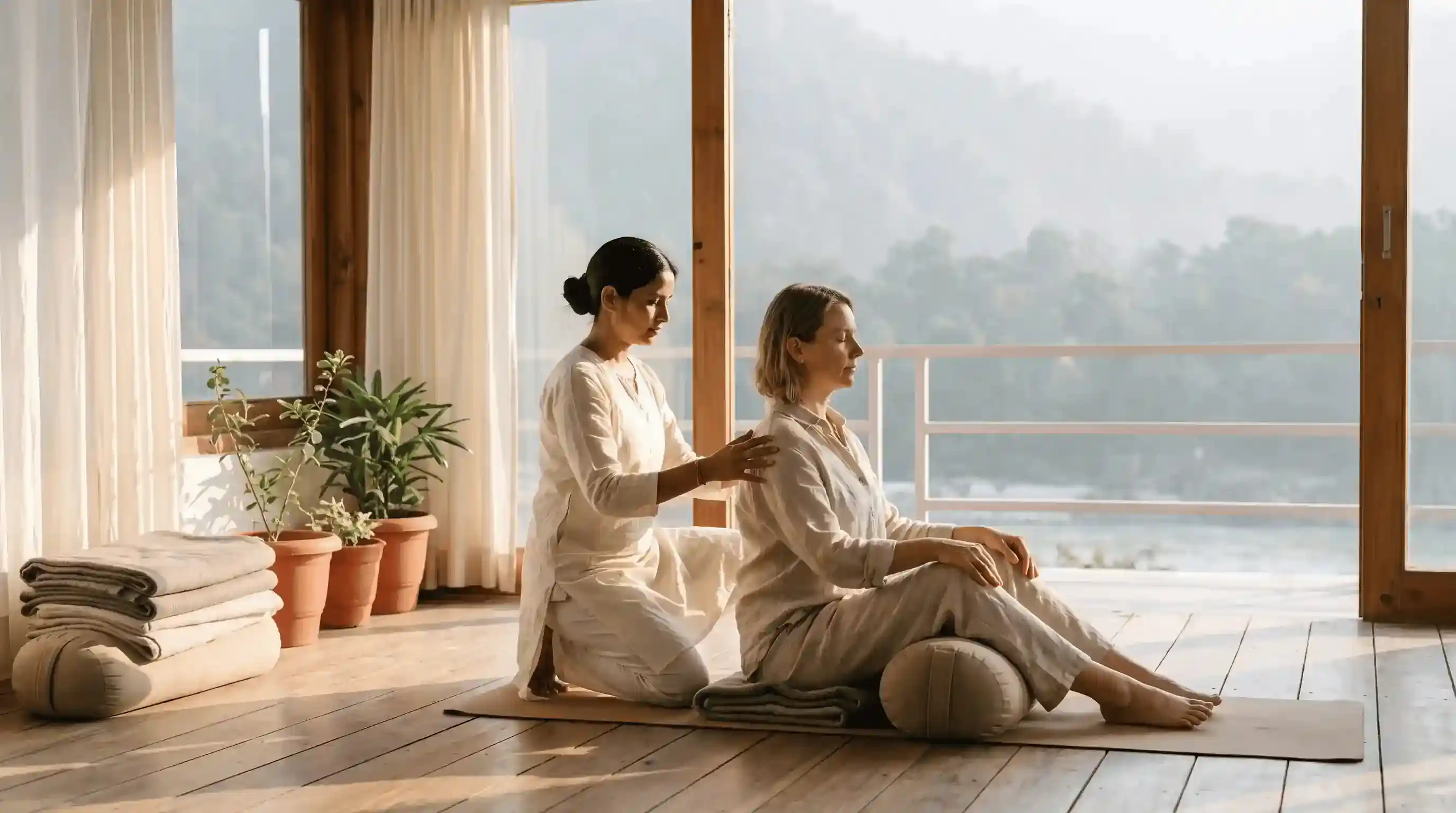 Facilitator guiding a gentle yoga therapy retreat session in Rishikesh