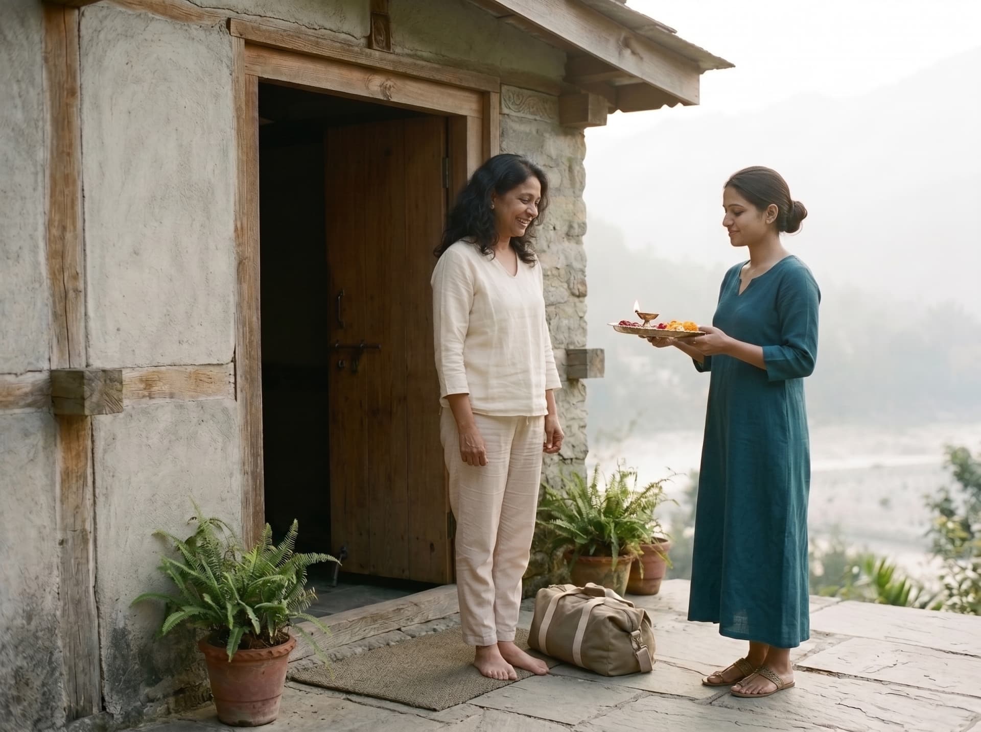 Guest arriving at Shreevan Wellness for the 14-day Ganga Sattva Transformation retreat in Rishikesh