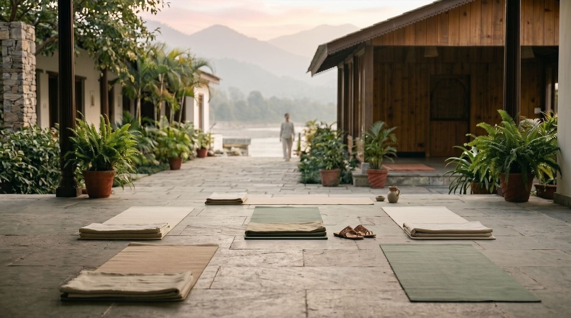 Morning retreat practice mats prepared in a quiet courtyard near the mountains and river