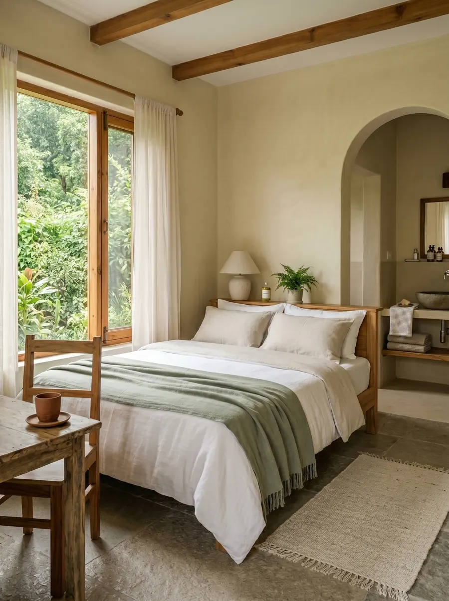 Calm retreat bedroom with natural light and greenery outside
