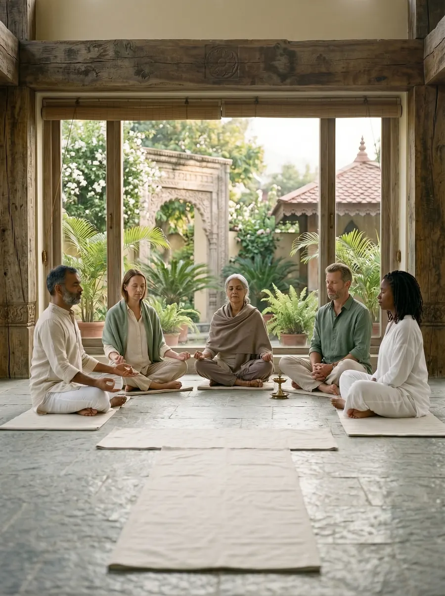 Small retreat group seated for guided meditation practice in a calm hall