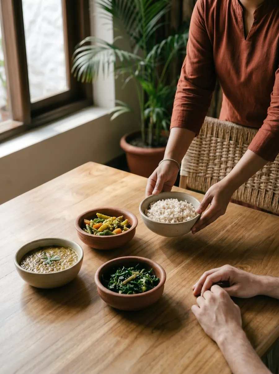 Simple sattvic vegetarian meal served at a wooden retreat table