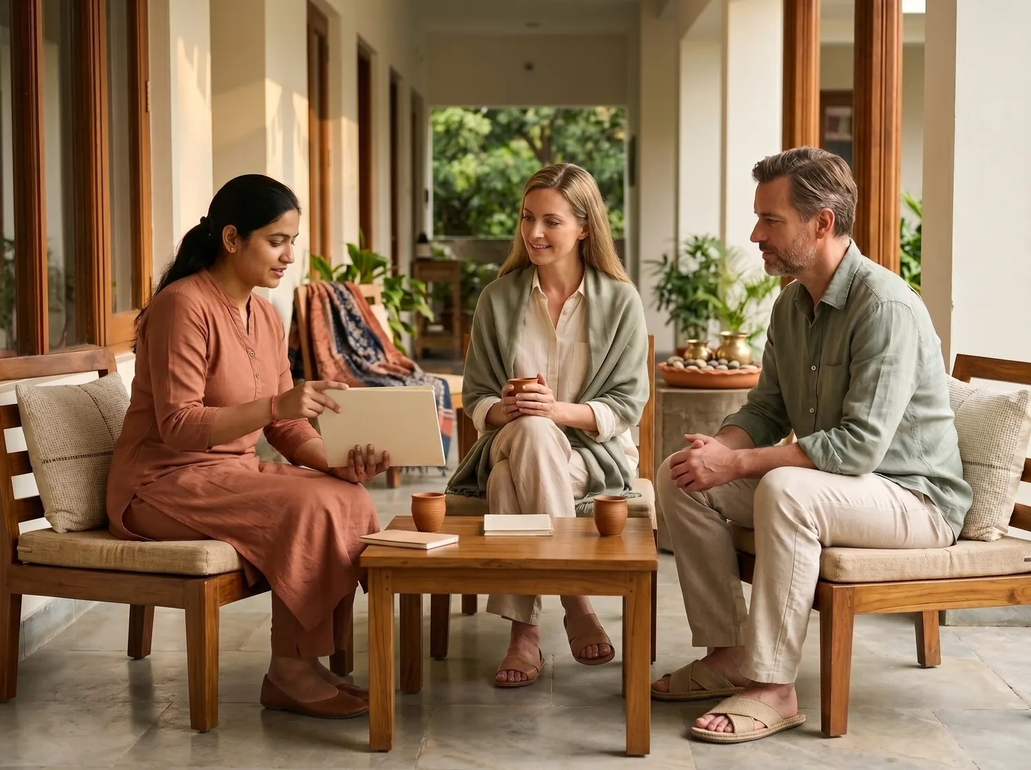 Retreat host explaining arrival and stay details to international guests
