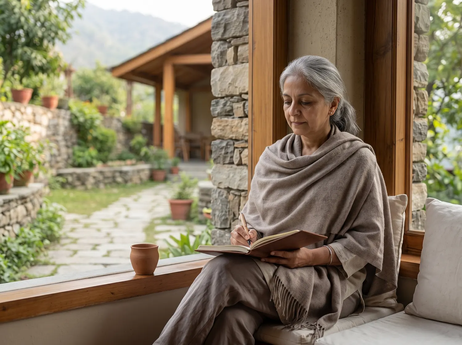 Retreat guest journaling quietly beside a window after guided reflection