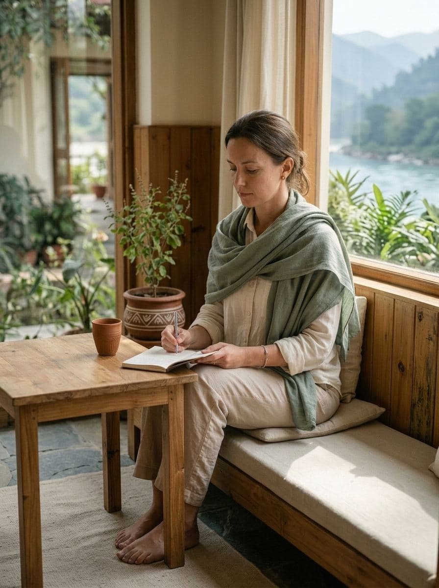 Guest journaling beside a retreat window with the Ganga landscape outside