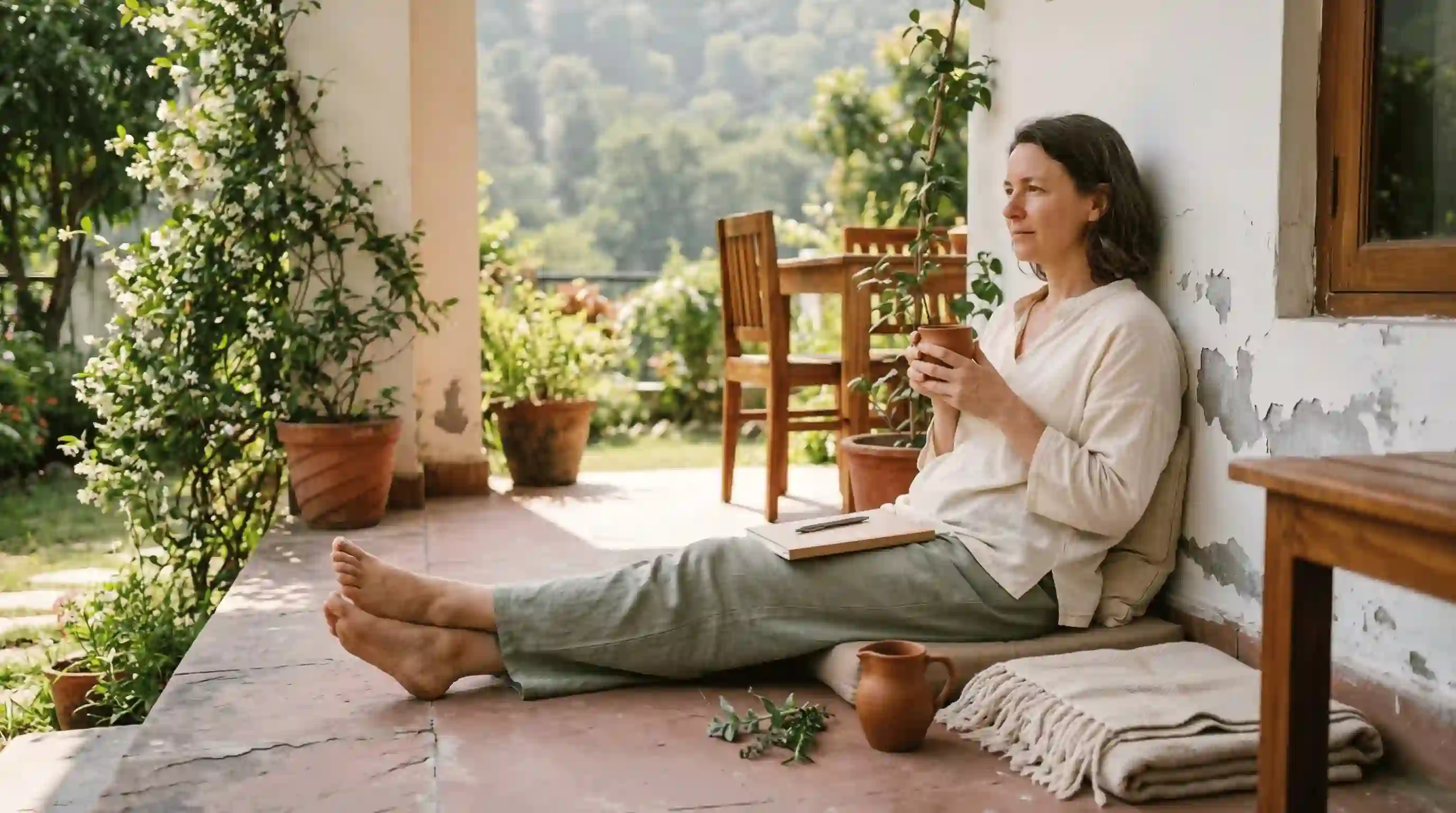 Guest resting and reflecting during a Panchakarma retreat rhythm in Rishikesh