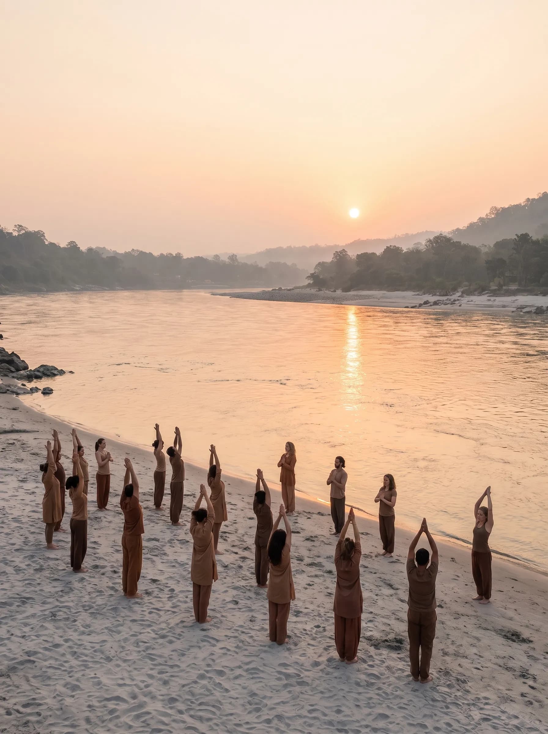 Group sunrise yoga practice beside the Ganga during the 28-day Sattva Ganga Inner Awakening retreat