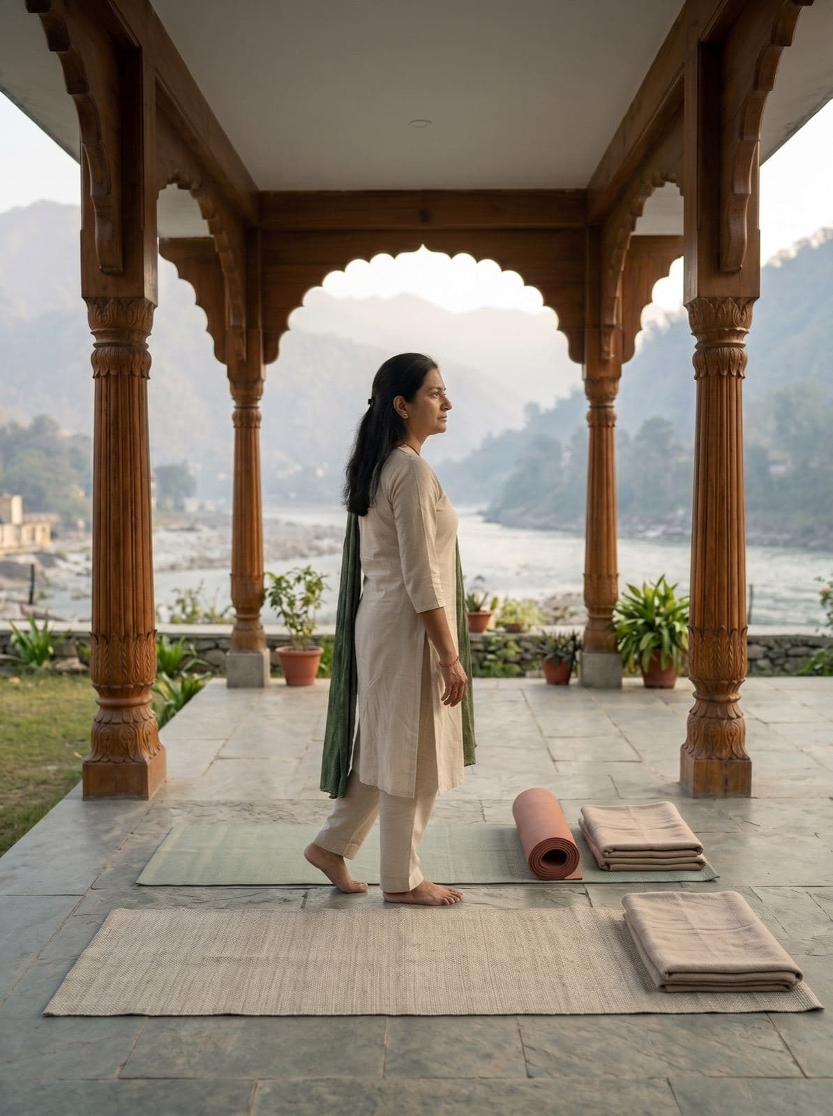 Guest arriving into a calm Ganga-side practice space during the 7-day foundation retreat