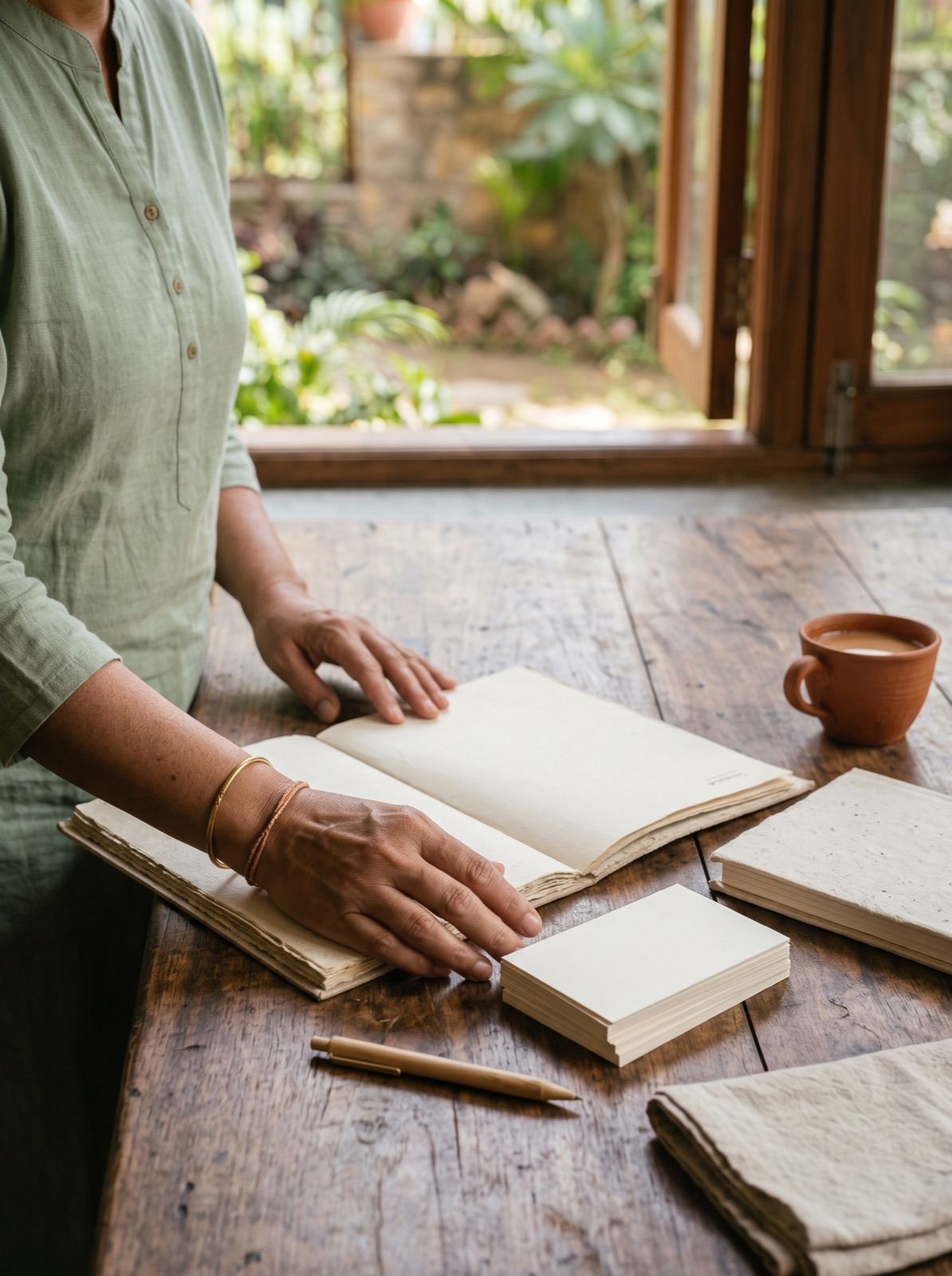 Founder intention notes and retreat planning materials on a wooden table