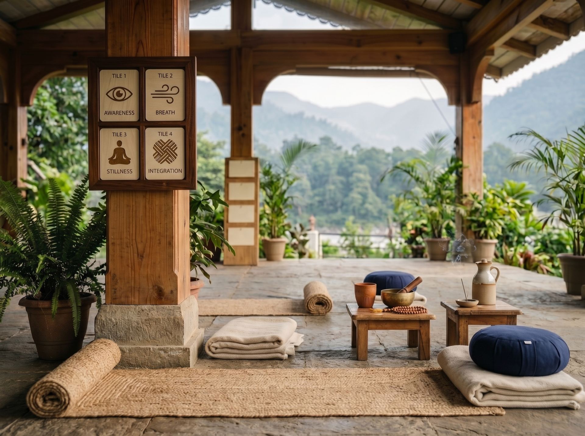 Practice cues for awareness, breath, stillness and integration displayed in a retreat practice space