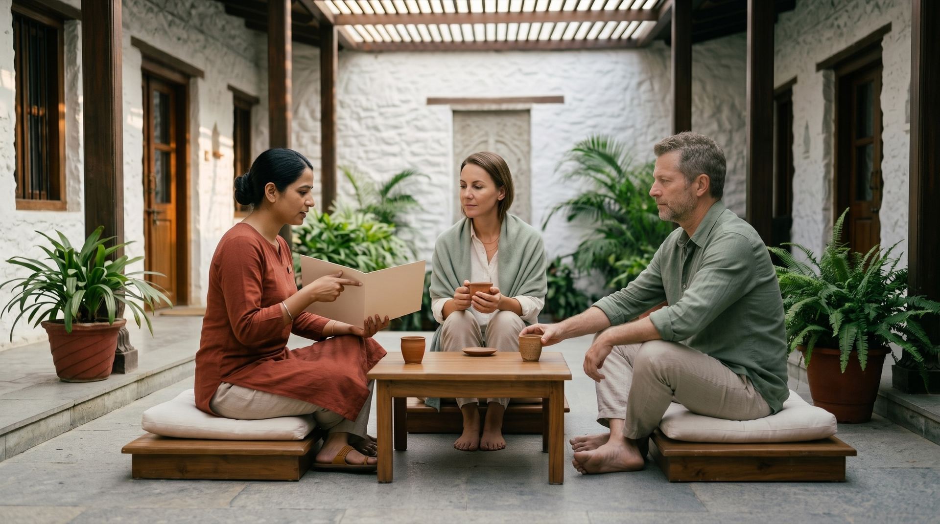 International retreat guests in a calm guest-care conversation with a Shreevan facilitator