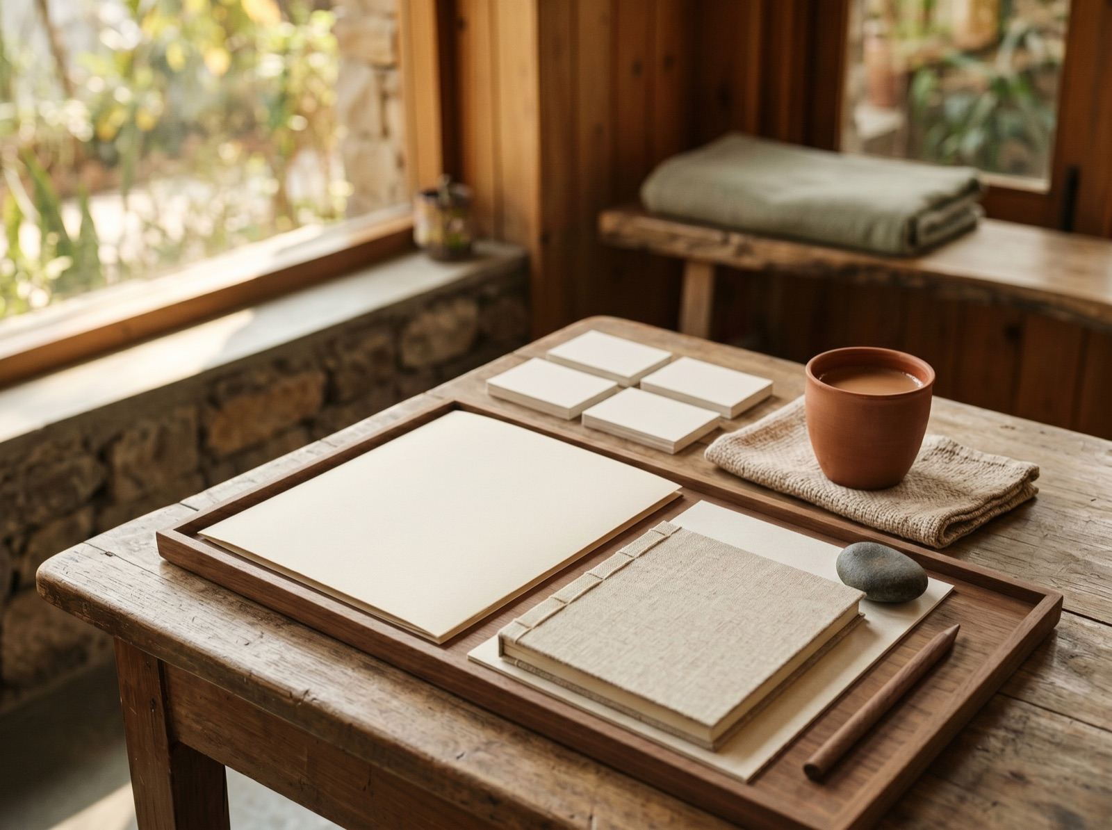 Responsible wellness documents and guest-care materials arranged on a wooden retreat table
