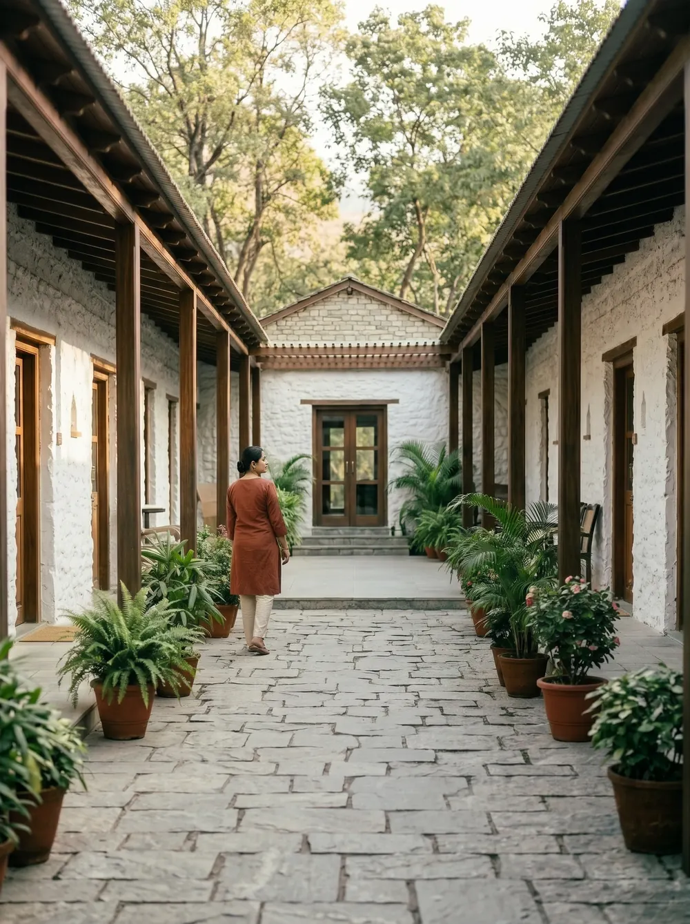 Quiet retreat courtyard with guest-care staff walking through the stay area