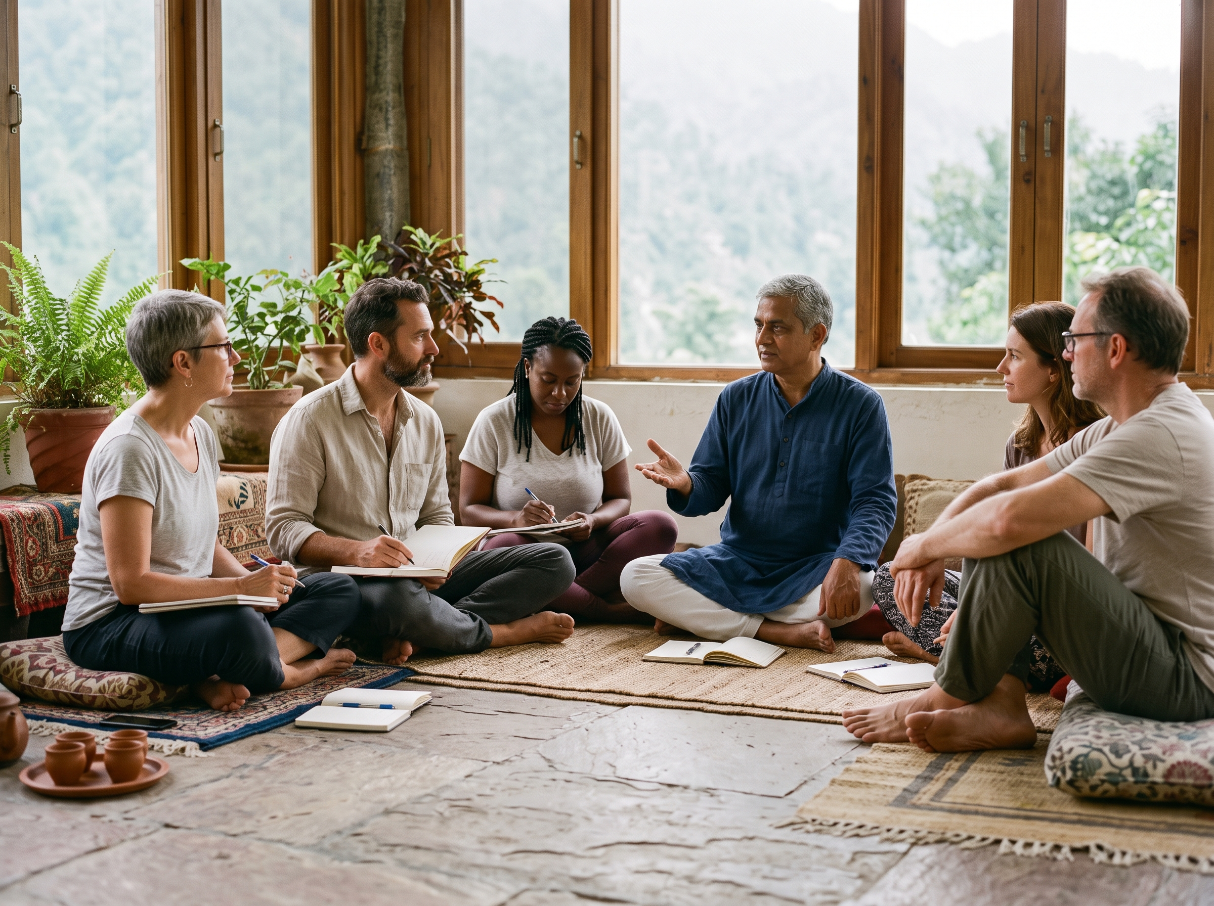 Small group coaching circle with notebooks during the 14-day transformation retreat