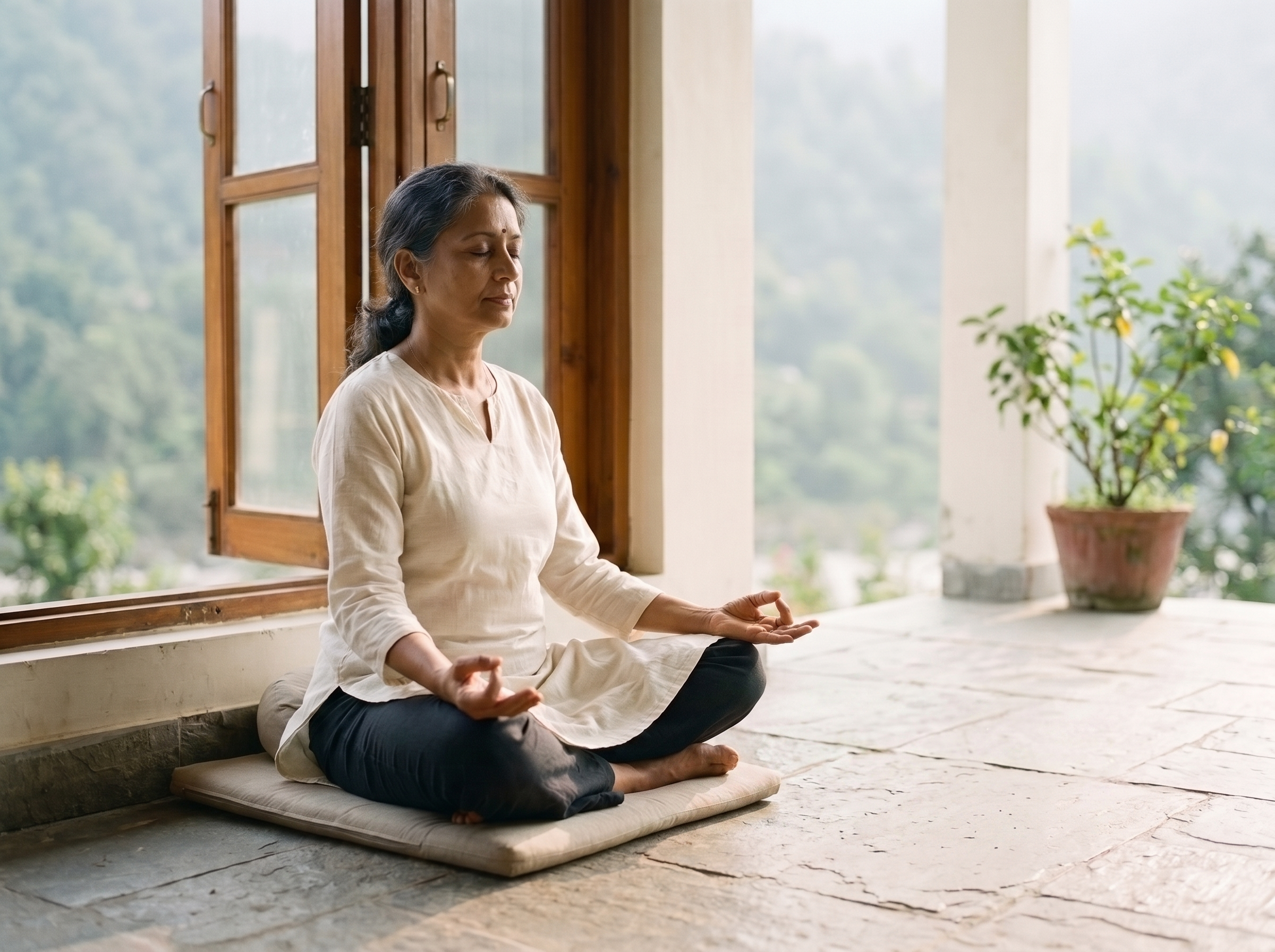 Guest in silent reflection beside mountain-facing windows during the 14-day retreat