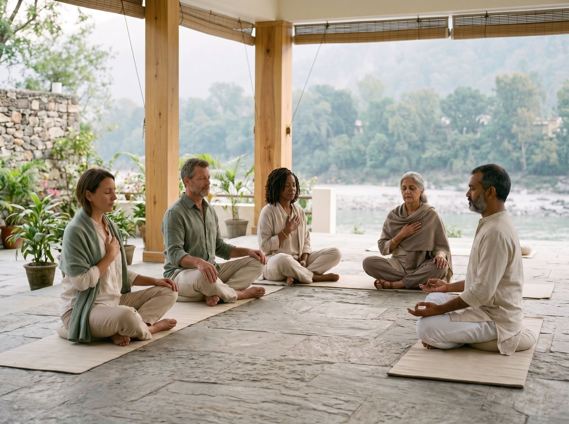 Beginner-friendly guided daily practice in a calm Ganga-side retreat space