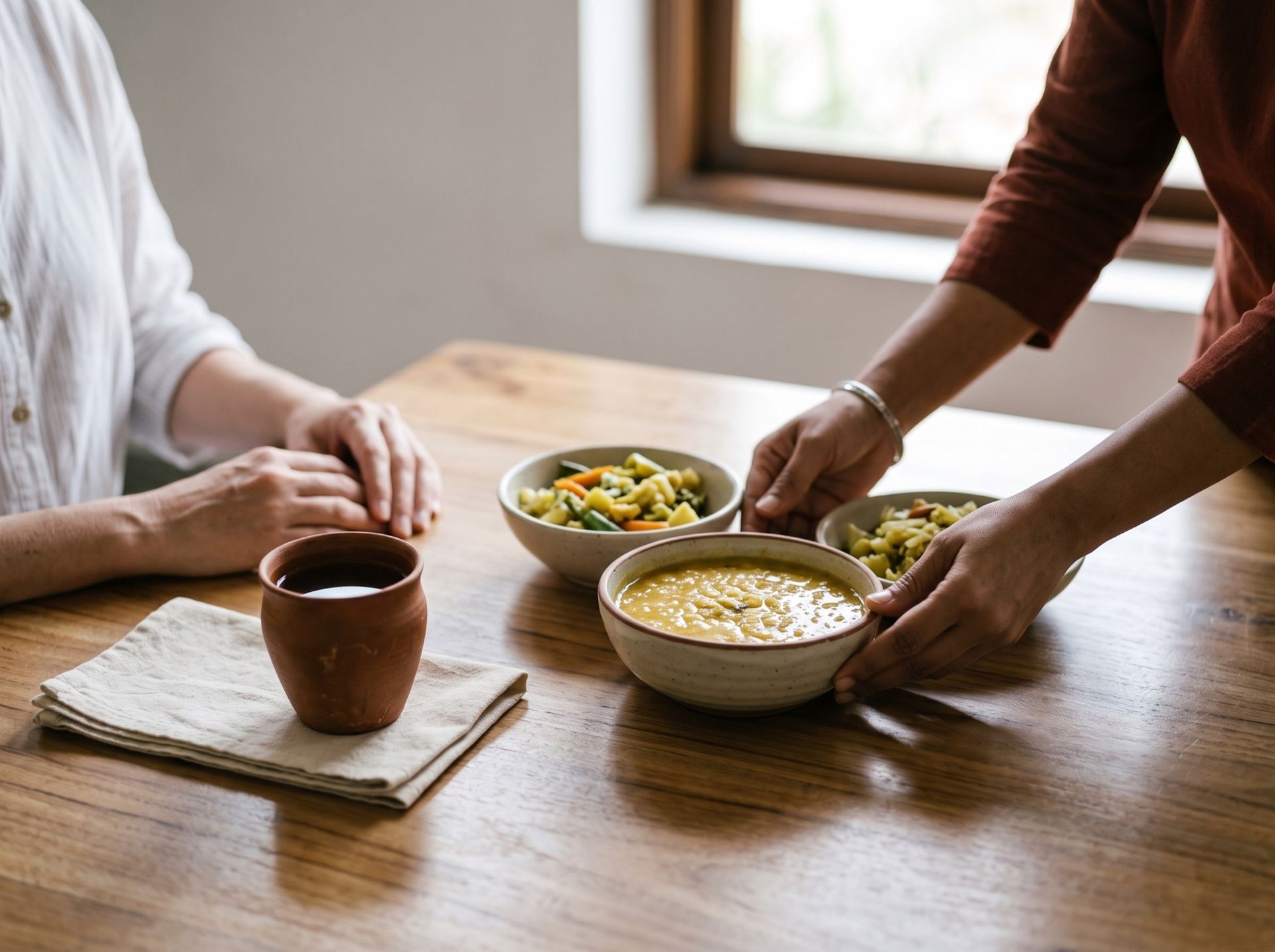 Fresh sattvic meal served as part of a calm retreat dining experience