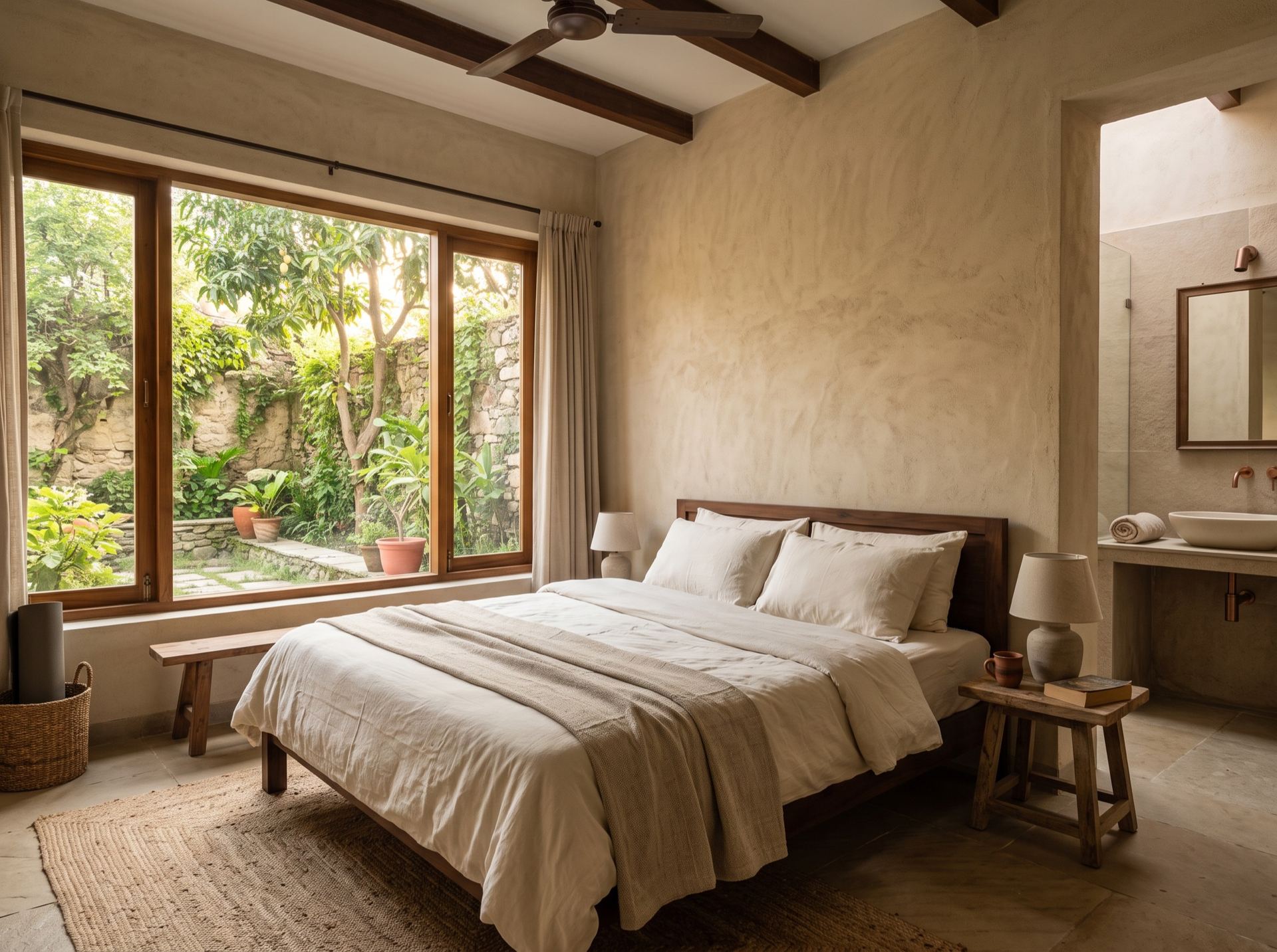 Quiet retreat room at Shreevan Wellness with garden-facing windows and simple comforts