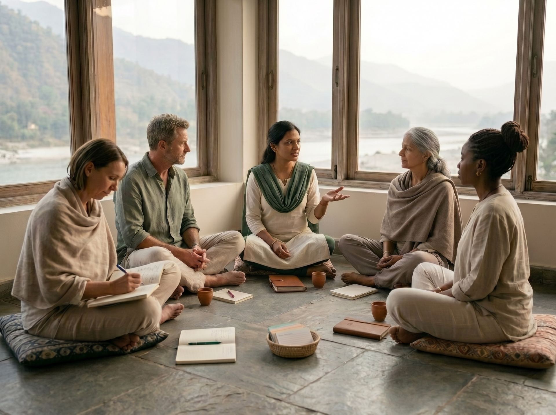 Guided workshop circle during the 7-day foundation retreat with group reflection and journaling